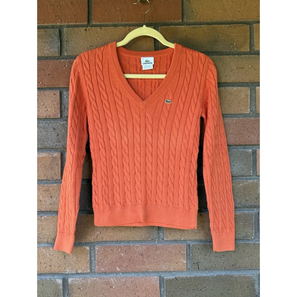 LACOSTE V-Neck Cable Knit Sweater Long Sleeve Preppy Croc | Orange | EU 38 US XS